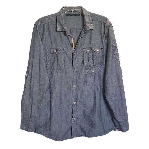 Chambray Roll Tab Long Sleeve Lightweight Denim Button Down Shirt Sean John 2XL - Picture 1 of 4